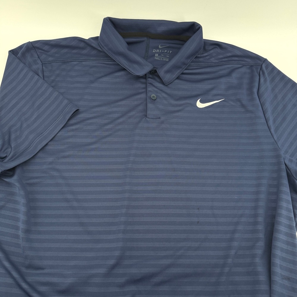Nike Dri-FIT Polo Shirt Men XXL Navy Blue Striped SS Golf Top embroidered Swoosh